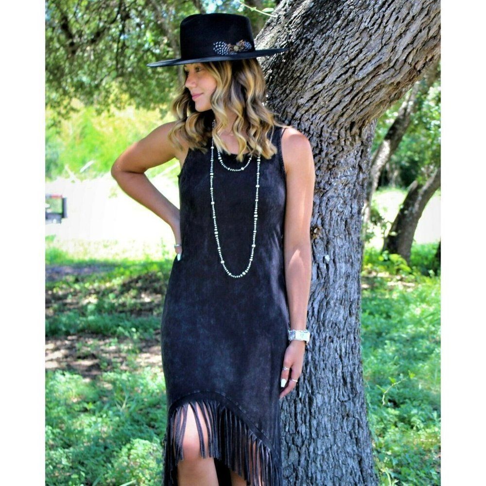 Blue Buttercup Mineral Washed Black Fringe Midi Dress New S-L KD81386